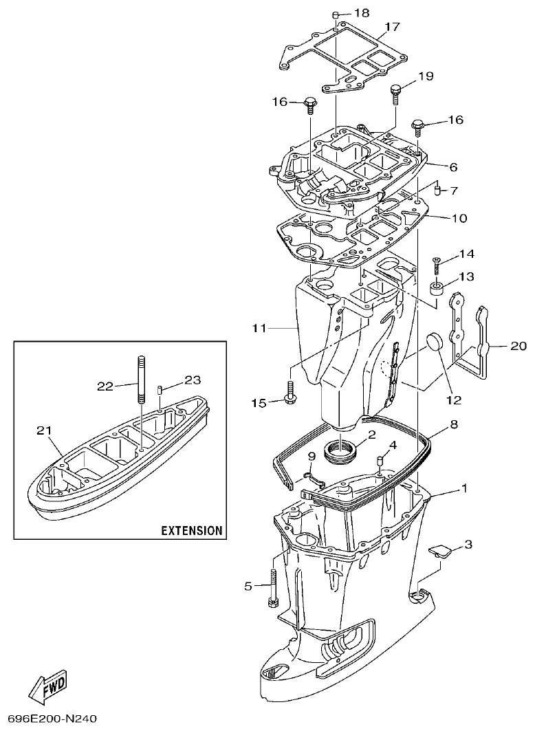 Yamaha E48C, E55C, 55B, E48CMH, E55CMH UPPER CASING parts diagram